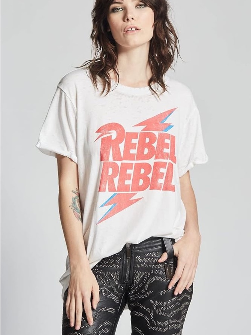 Recycled Karma White Tee with Red and Blue 'REBEL REBEL' Graphic